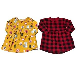 Toddler Girls' Red/Black Plaid Long Sleeve Dress & Yellow Foxy Floral Dress 2T